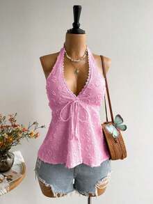 Conjunto de Playa Casual sin Espalda para Mujer, Estilo Bohemio, para Vacaciones, Festival de Música Hawaiana, Vacaciones Tropicales, Top Halter de Verano - Rosa - Ver 7