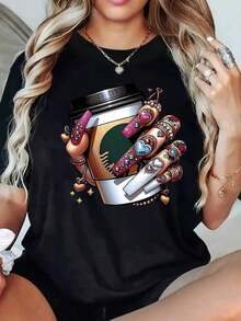 Mexican Women's T-Shirt With Rhinestones And Coffee Print, Minimalist Casual Style For Everyday Summer Wear, Fashionable Summer Cotton T-Shirt - 黑色 - 查看 6