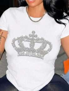 Camiseta básica para mujer de manga corta y cuello redondo con impresión de imitación de pedrería con grafico de xv años I89S - Blanco - Ver 7