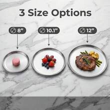 Set di 3/6/9 piatti da portata rotondi in acciaio inossidabile, piatti in metallo impilabili adatti per dessert, bistecche, pizza, frutta, barbecue, picnic e feste, con 3 opzioni di dimensione, accessori moderni per la cucina e la sala da pranzo - Argento - Visualizzare 2