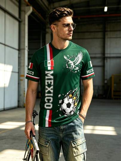 Mexico Football Print Men Short Sleeve T-Shirt, Green & White Contrast Color Casual Round Neck Top, Eagle Football Element Loose Casual Men Top, Street Sports Style T-Shirt, Contrast Green Color Sports Top, Versatile Daily & Workout Casual Top