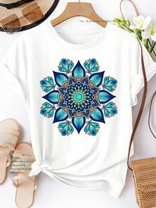 Camiseta de Manga Corta para Mujer, Estilo , Estampado Mandala Azul-Verde, Primavera Verano Otoño, Elegante, Versátil, Casual, Deportiva, Cuello Redondo, Suave y Cómoda, Tallas S-XXL, Novedad 2026 - 100% Algodón Transpirable - Blanco - Ver 12