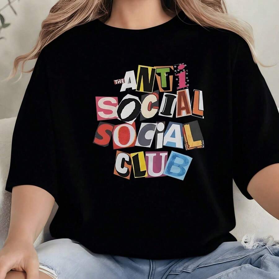 Anti Social Club Graphic Print T Shirt 220g Streetwear Womens Casual 100 Cotton Tee 1pcs Minimalist Style Relaxed Fit - màu đen - Xem 1