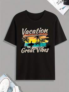 T-shirt imprimé de vacances à la plage, T-shirt pour hommes, t-shirt décontracté à manches courtes pour l'été, le printemps et l'automne, hauts comme cadeaux. Style unisexe, style Y2K, t-shirt en coton imprimé, chemise décontracté ample pour hommes, Top d'été, 100% coton pur. Cadeau idéal pour la fête des pères, convient pour diverses occasions, excellent choix de cadeau, avec service de livraison gratuit depuis l'entrepôt local. - Noir - Voir 1