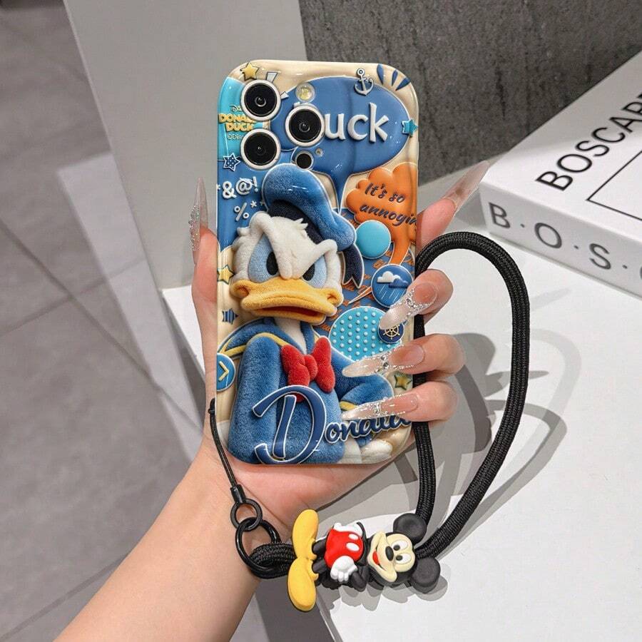 Disney Mickey Mouse Clubhouse Phone Case : 3D Fluffy Pattern Border Protector Phone Soft Phone Case With A Free Cute Mickey Bracelet Chain Lanyard, Mickey, Minnie, Goofy, Donald Duck, Daisy Duck, Pluto, For Apple 17 Promax 17 Pro 16 15 14 13 12 11 Pro Max XS Max X XR Soft Cover Summer Phone Case - 白色 - 查看 1