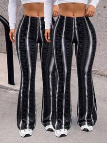 Women's Plus Size Black & Grey Paisley Striped High Waist Flare Leggings, Y2K Streetwear Trousers, Sexy Daily Outfits - 黑色+黑色 - 查看 1
