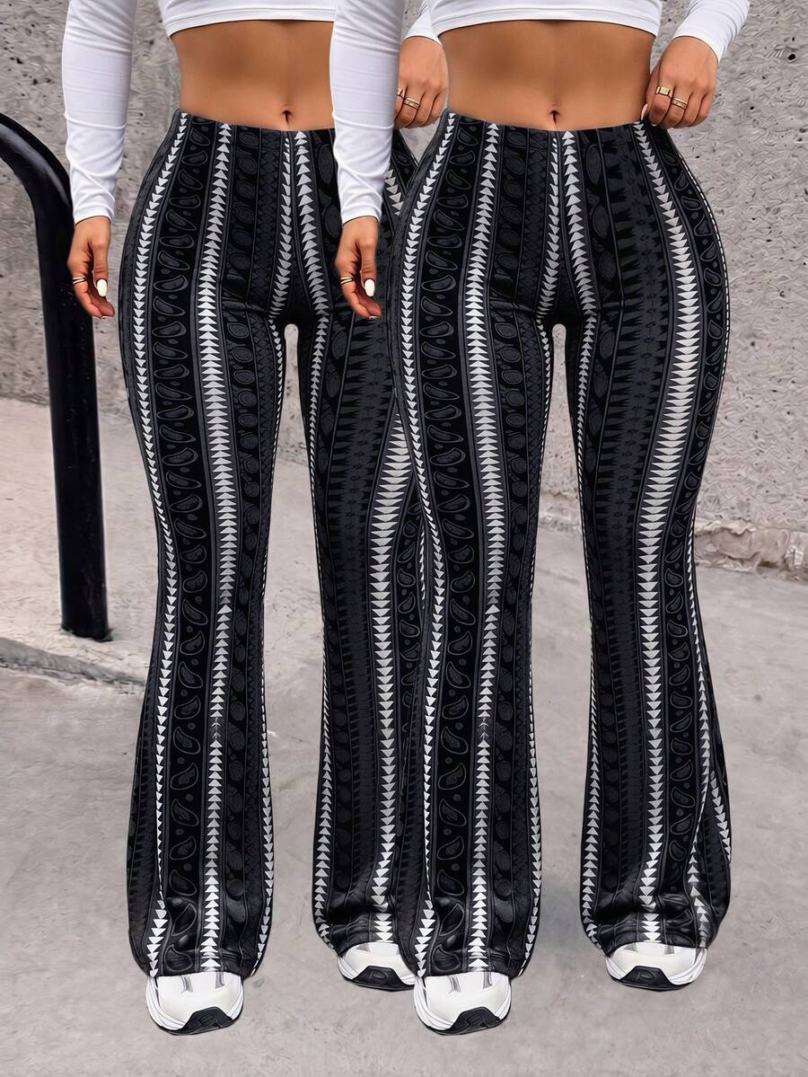 Women's Plus Size Black & Grey Paisley Striped High Waist Flare Leggings, Y2K Streetwear Trousers, Sexy Daily Outfits - 黑色+黑色 - 查看 1