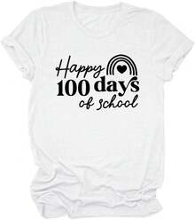 Women's Love Heart Print T-Shirts, Teacher's Day Gift Shirts, Teacher Life T-Shirts, Happy 100 Days Of School Summer Shirt, Short-Sleeve T-Shirt / Short-Sleeve Tee - 白色 - 查看 2