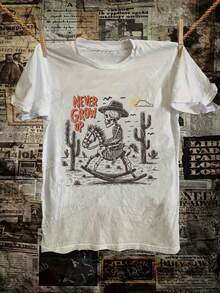Men's Vintage Western Style T-Shirt With Cowboy Skeleton Print - 100% Soft Cotton. Wild West Graphic Tee Featuring A Cactus, Horse, And Cowboy Print. Casual Short-Sleeved Design Perfect For Western-Themed Parties And Everyday Wear. Loose And Comfortable Fit For Summer. - White - View 7
