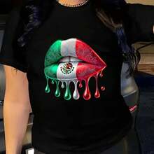 Camiseta de  suave para mujeres con diseño de labios de bandera mexicana, regalo para amantes de México, ropa patriótica de moda, vestidos de mujer verano casual perfectos para todas las estaciones, Tallas S M L XL - Negro - Ver 1