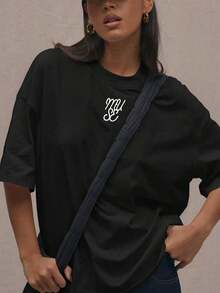 Camiseta oversize de cuello redondo con logo, casual para aeropuerto, vacaciones, vuelta al colegio, elegante para primavera y verano - Multicolor - Ver 5