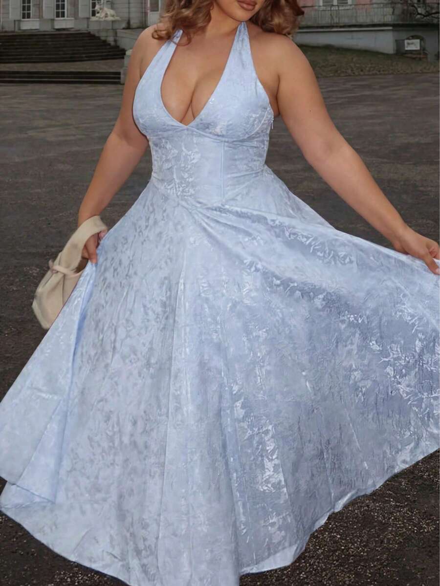 Elegant French Retro Jacquard V-Neck Romantic Charm Date Party Birthday Plus Size Spaghetti Strap Casual Dress Summer - Blue - View 1