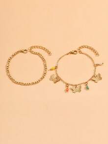 2pcs Women's Butterfly Tassel Gold Chain Layered Anklet Set, Fashionable For Summer Holiday And Daily Wear - Multicolor - View 3