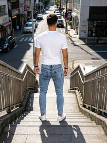 1pc Men's Elastic Skinny Fit Distressed Versatile Denim Jeans, Comfortable Casual Outdoor Workwear Black Skinny Jeans - 淺色水洗藍 - 查看 2