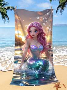 1pc Summer Portable High Absorbency Microfiber Beach Towel, Quick Dry Pink Mermaid Bubble Print, 70*140cm/90*180cm Optional, Suitable For Swimming, Vacation, Bath, Outdoor, Travel, Beach, Camping, Fitness - Multicolor - View 7