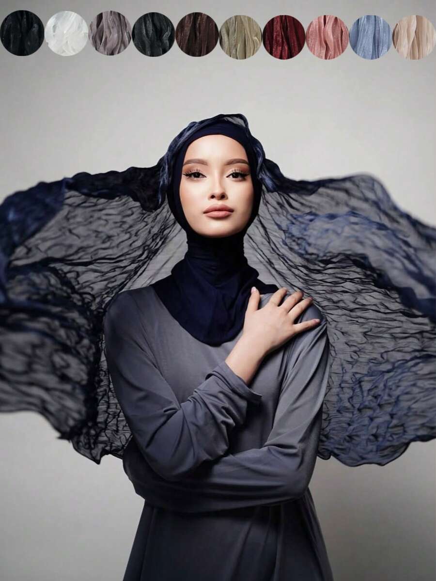 1件装女士二合一便捷头巾，时尚褶皱粘胶纤维头巾带内衬帽，多功能穆斯林日常佩戴
