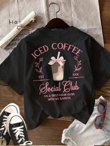 Women's Iced Coffee Social Club 1991 Bow Floral Graphic T‑Shirt Double‑Sided Print Round Neck Short Sleeve Black Oversized Retro Coquette Casual Daily Streetwear Tees Tops - Black - View 2