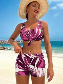 Swim Lushore Conjunto de bikini sexy con estampado floral tropical, cordón frontal y bata para verano - Multicolor 2 - Ver 3