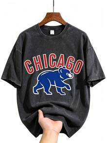 Vintage Washed Chicago Cubs Baseball Graphic Tee | Retro Windy City T-Shirt - Black 07 - View 1