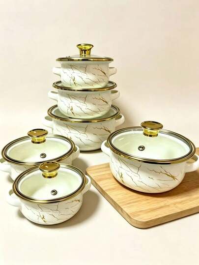 3pcs Multi-Color Enamel Ceramic Double-Ear Small Hot Pot With Lid, Thick Enamel Ceramic Stew Pot, Soup Pot, Ramen Pot, Mini Hot Pot, Porridge Pot, Milk Warmer Pot, Kitchen Appliance, Enamel Ceramic 3 Pieces Set With Thick Double-Ear Soup Pot, Stew Pot, Flat Pan, Suitable For Induction Cooktop, Gas Stove, Home Use