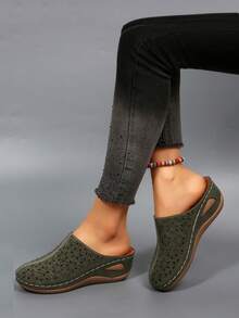 Hollow-Out Wedge Sandals, Comfortable For Wearing To Work And Shopping For Long Periods - Army Green - View 5