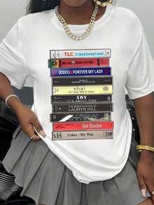 90s R&B Cassette Print T-Shirt, Women's Spring/Summer Clothing, Crew Neck T-Shirt, Women's T-Shirt, Women's Summer Short Sleeve Top, Women's Spring/Summer Sets - 白色的 - 查看 2