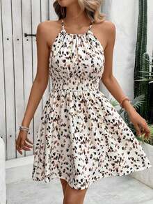 Vestido de moda para mujer sin mangas con cuello halter y estampado - Albaricoque - Ver 6