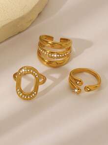 Nhẫn hở bằng thép không gỉ mạ vàng 18K, đính đá Cubic Zirconia, thiết kế hình elip xoắn hình học, chiếc nhẫn độc đáo dành cho nữ. - Vàng - Xem 1