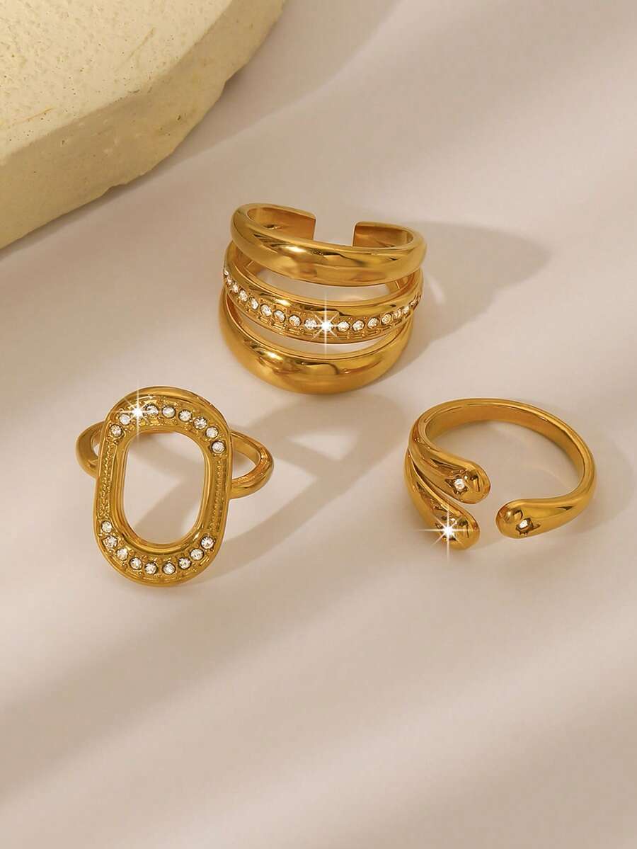 Nhẫn hở bằng thép không gỉ mạ vàng 18K, đính đá Cubic Zirconia, thiết kế hình elip xoắn hình học, chiếc nhẫn độc đáo dành cho nữ. - Vàng - Xem 1