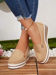 Women's Spring New Rhinestone Embellished Metal Chain Breathable Leather Upper Casual Wedge Heel Comfortable Slip-On Loafers - Khaki - View 3
