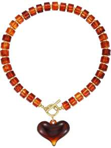 Colar com Pingente de Coração de Contas de Resina em Cores Variadas, Colar com Pingente de Coração Fofo Dourado, Colar Gargantilha de Acrílico da Moda (Cor Aleatória) - Multicolorido - Visão 12
