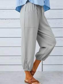 Casual Solid Color Drawstring Pants - Grey - View 1