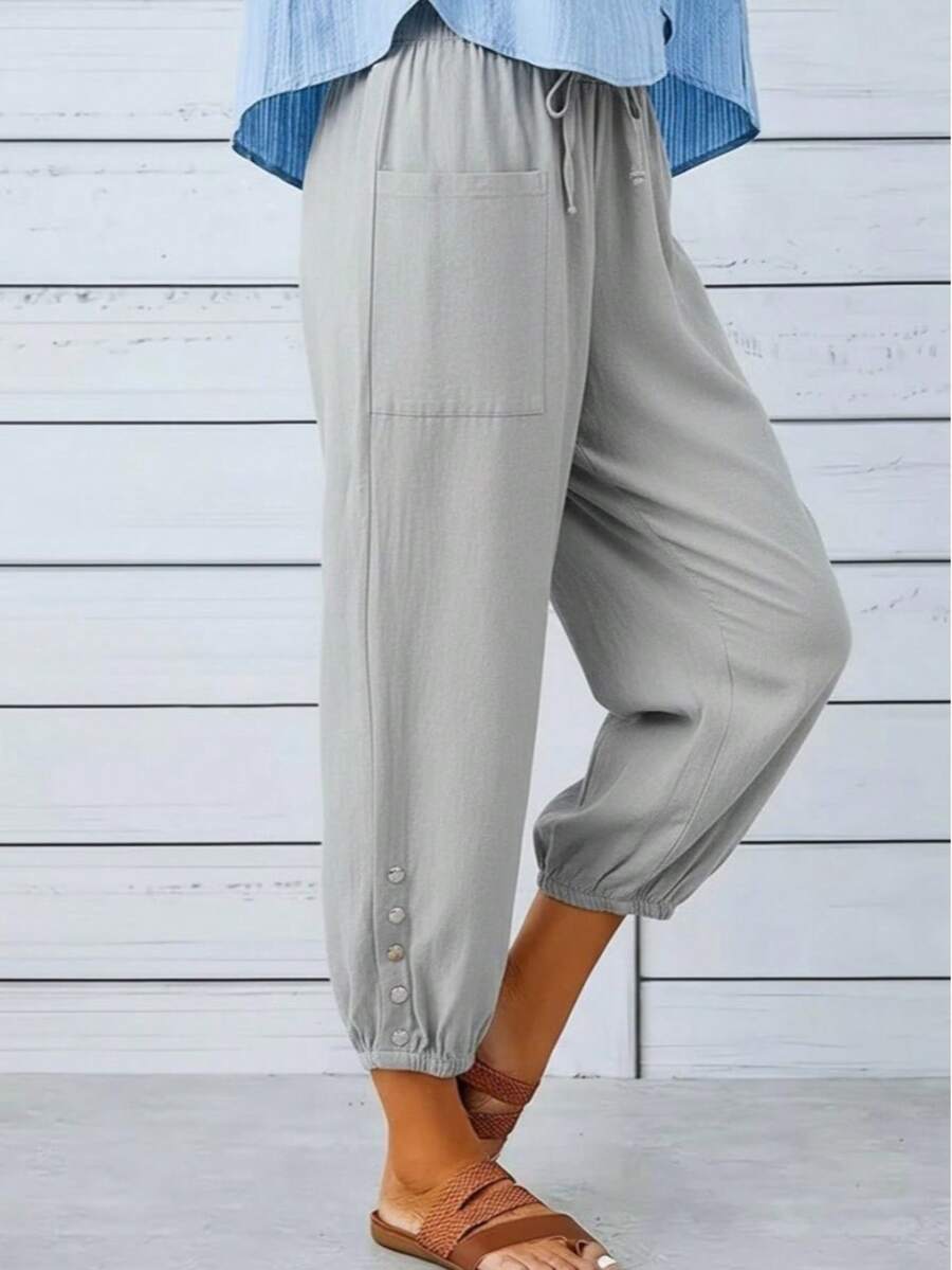 Casual Solid Color Drawstring Pants - Grey - View 1