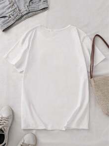 Women's Short Sleeve Crew Neck Sports T-Shirt, 100% Cotton, Cartoon Letter Print Design, Breakfast, Drink And Champagne Print, Sports T-Shirt For Champagne Lovers - 白色 - 查看 2