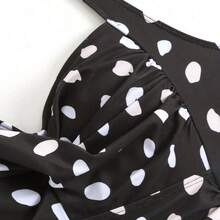 Asymmetrical Polka Dot Halter One Piece Swimsuit & Maxi Skirt Set For Women - Marrón - Ver 7