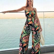 VCAY Tropical Print High Waist Camisole Jumpsuit, Suitable For Vacation & Beach,Summer Outfits For Women,Beachwear,Easter,Beach Outfits For Woman,Spring Break,Vacation Outfits Women,Concert Outfit Women,Rave Outfits Festival,Rave,BOHO,Music Festival,Tropical Vacation Woman Clothes - Negro - Ver 5
