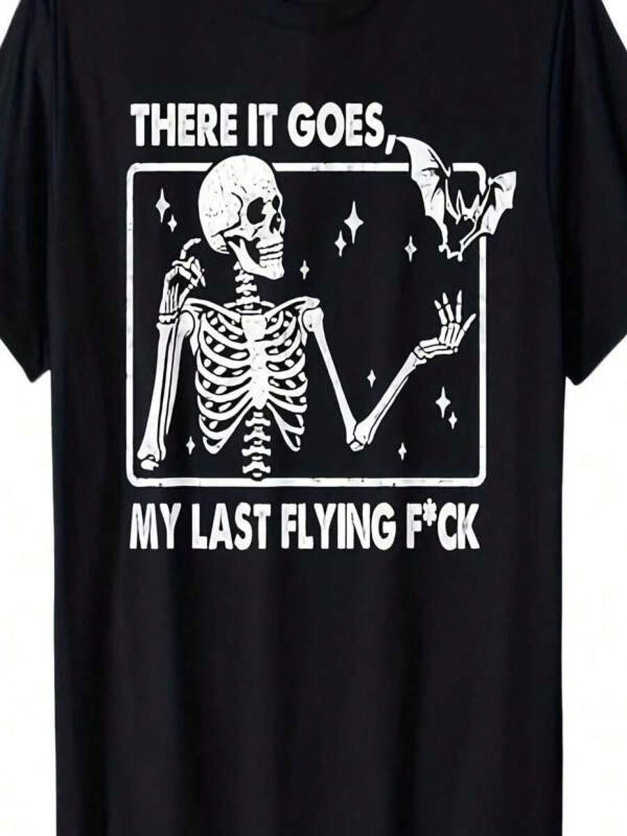 Camiseta de Algodón Premium 200g Negra Oversize Unisex con Estampado de esqueleto murciélago volador Cuello Redondo Manga Corta - Negro - Ver 1