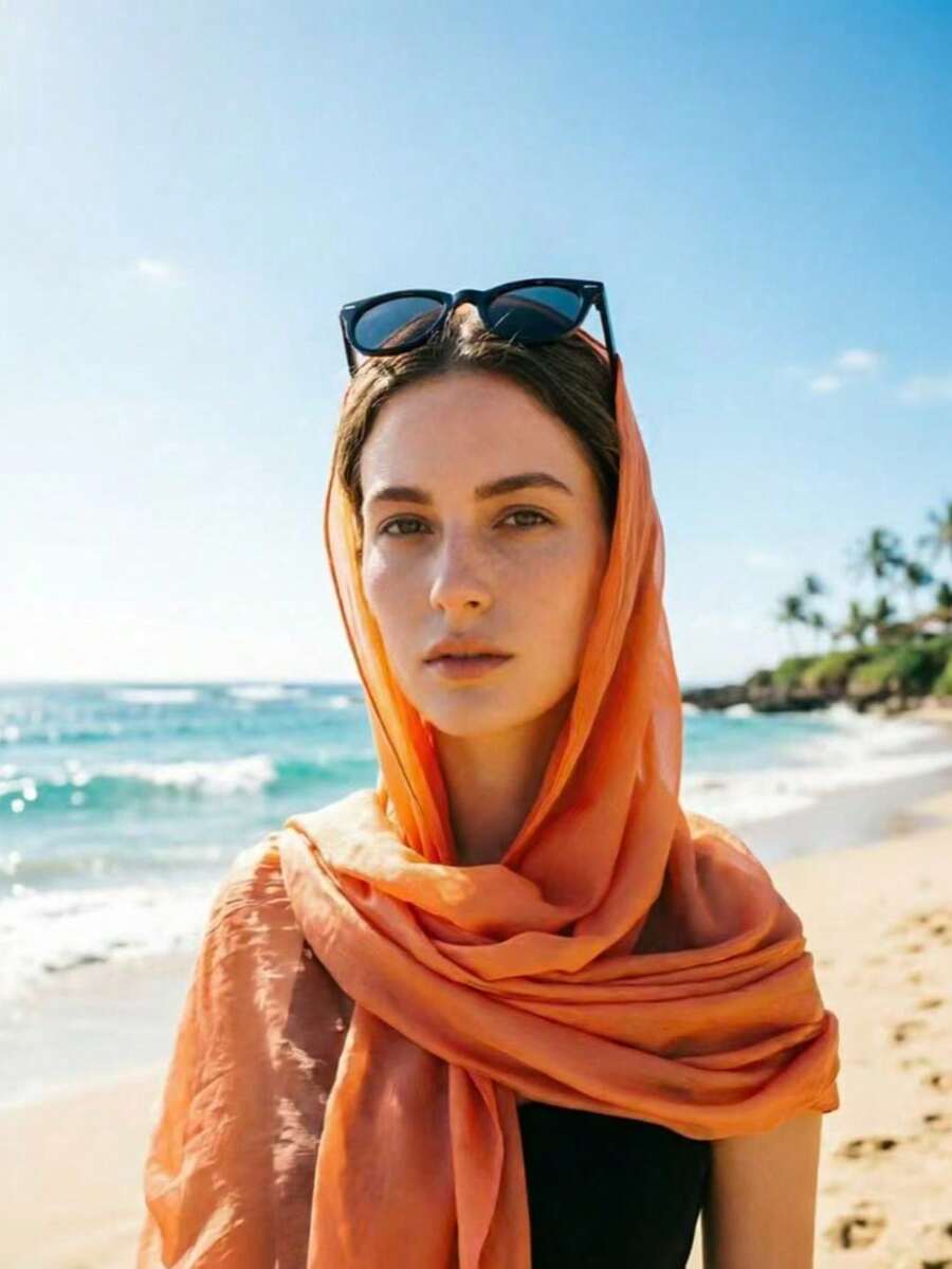 1pc Solid Color Casual Polyester Scarf, Versatile Long Scarf/Neck Wrap/Beach Shawl, Suitable For Spring, Autumn And All Seasons - Orange - View 1