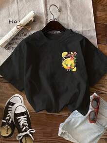 Women's Fashion Casual Top, Double-Sided Print, Fresh Lemon Floral Pattern, Round Neck, Short Sleeves, Spring And Summer T-Shirt - Black - View 3