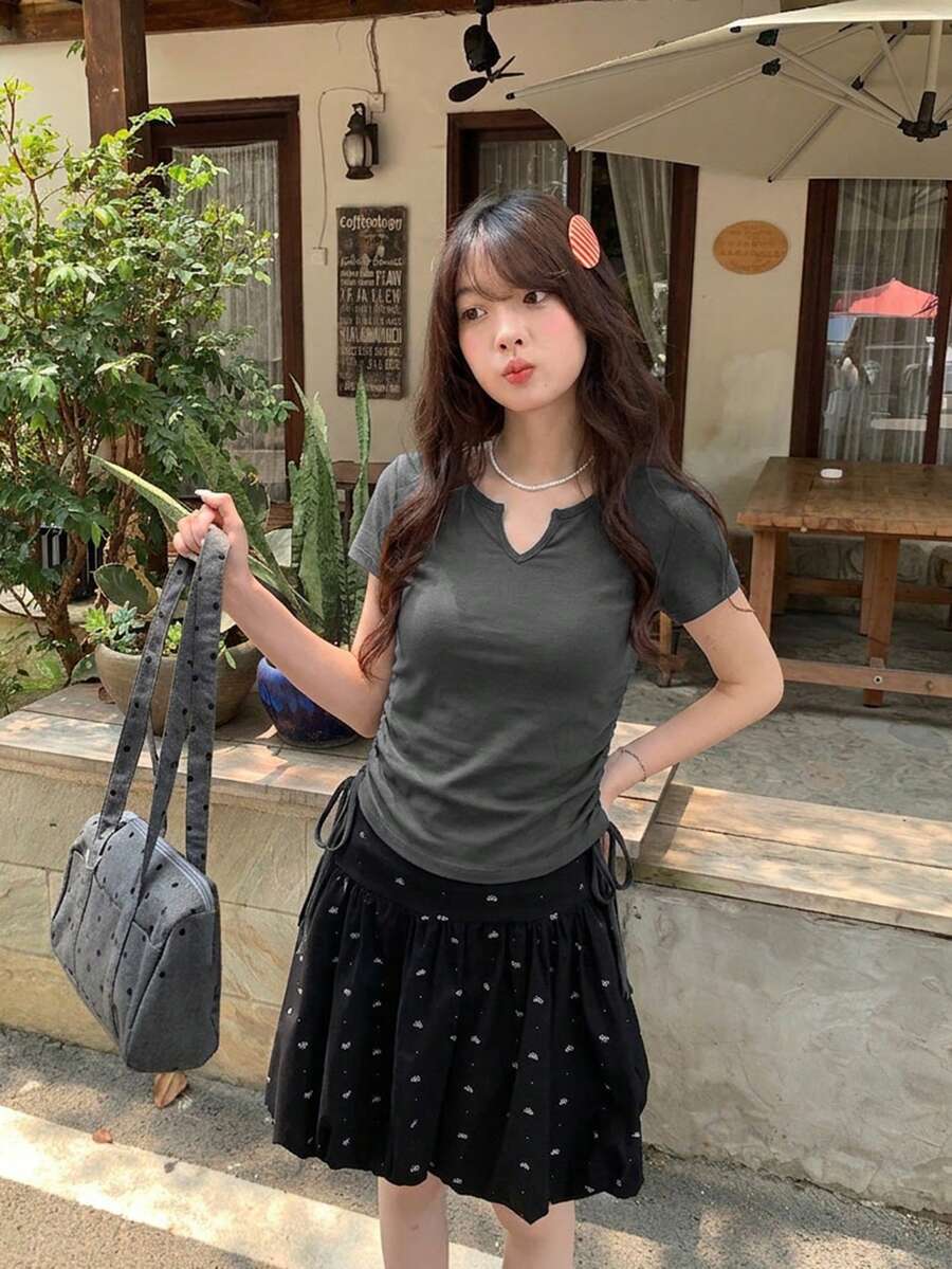Áo thun nữ tay ngắn màu trơn có dây rút, kiểu dáng mùa hè thường ngày. - Xám - Xem 1