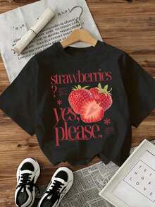 1pscSHEIN MOOSTA Camiseta de mujer con estampado de "Tres fresas, sí, por favor", suelta de manga corta, adecuada para primavera y verano100%cotton100% Cotton100% Cotton100% Cotton - Negro - Ver 6