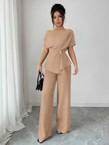 Elenzya Elegante conjunto de dos piezas de moda urbana para mujer, ideal para primavera/verano, con pantalones anchos de cintura alta con hebilla metálica asimétrica de un hombro en color azul marino, adecuado para uso diario, bodas, galas, ir al trabajo, fiestas de graduación, vacaciones, citas, fiestas, Halloween, Navidad, Año Nuevo, Acción de Gracias, bodas - Albaricoque - Ver 4