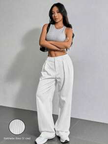 Striped Tailored Wide Leg Pants - Trắng - Xem 5