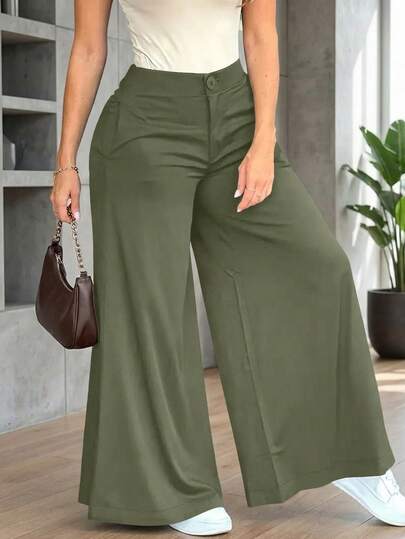 Pantalones anchos de pierna ancha de unicolor casuales y holgados para mujer, elegantes y minimalistas, estilo sin esfuerzo