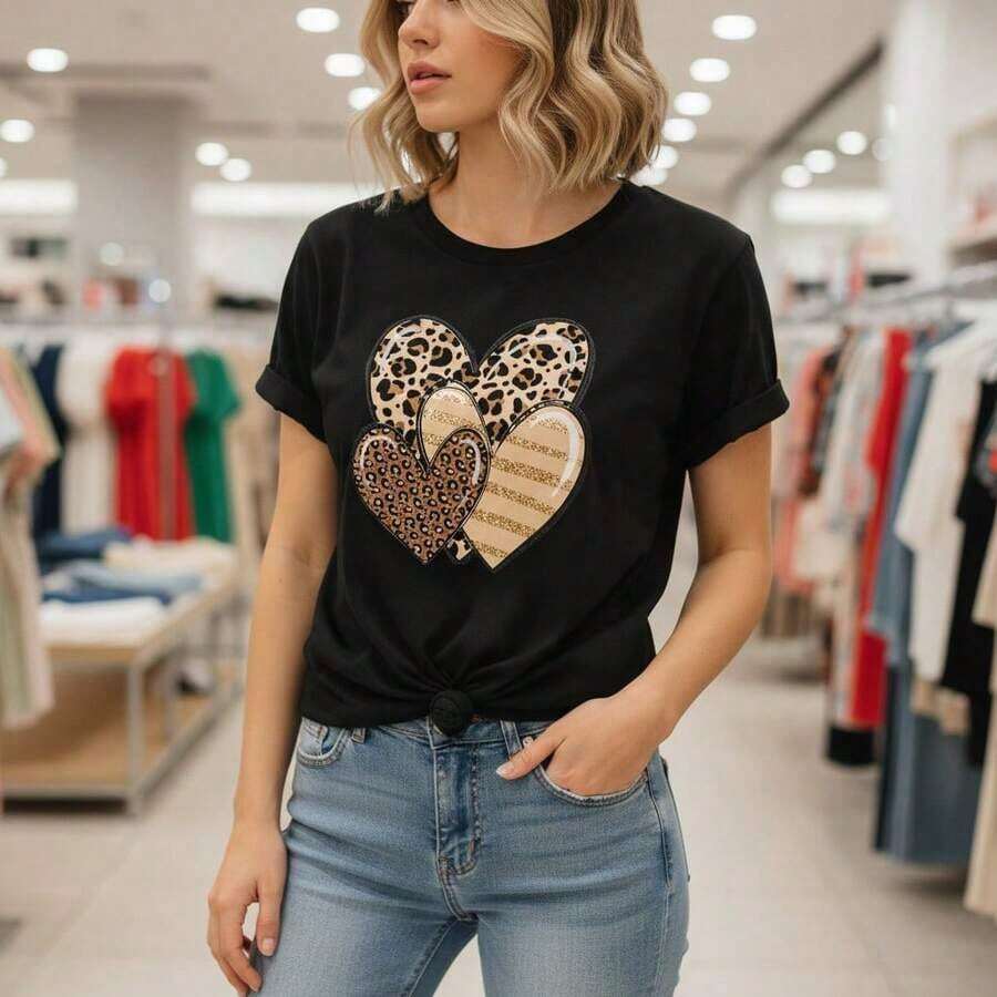 1 pieza de camiseta de algodón para mujer con estampado de corazón de leopardo, manga corta, cuello redondo, estilo casual, corte holgado, con estampado animal y gráfico de corazón a rayas, tallas S-5XL, camiseta básica negra para uso diario, blusa de moda de verano, 180g 100% algodón. - Negro - Ver 1