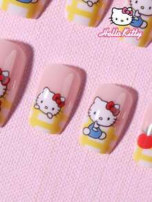 SANRIO 24片中号方形Hello Kitty 3D黄色格子法式美甲贴纸，饰有Hello Kitty、水果和爱心图案，粉嫩少女风，完美适配亚克力假指甲，包含1瓶果冻胶和1个指甲锉，适合女孩日常生活和派对使用。 - 彩色 - 查看 3