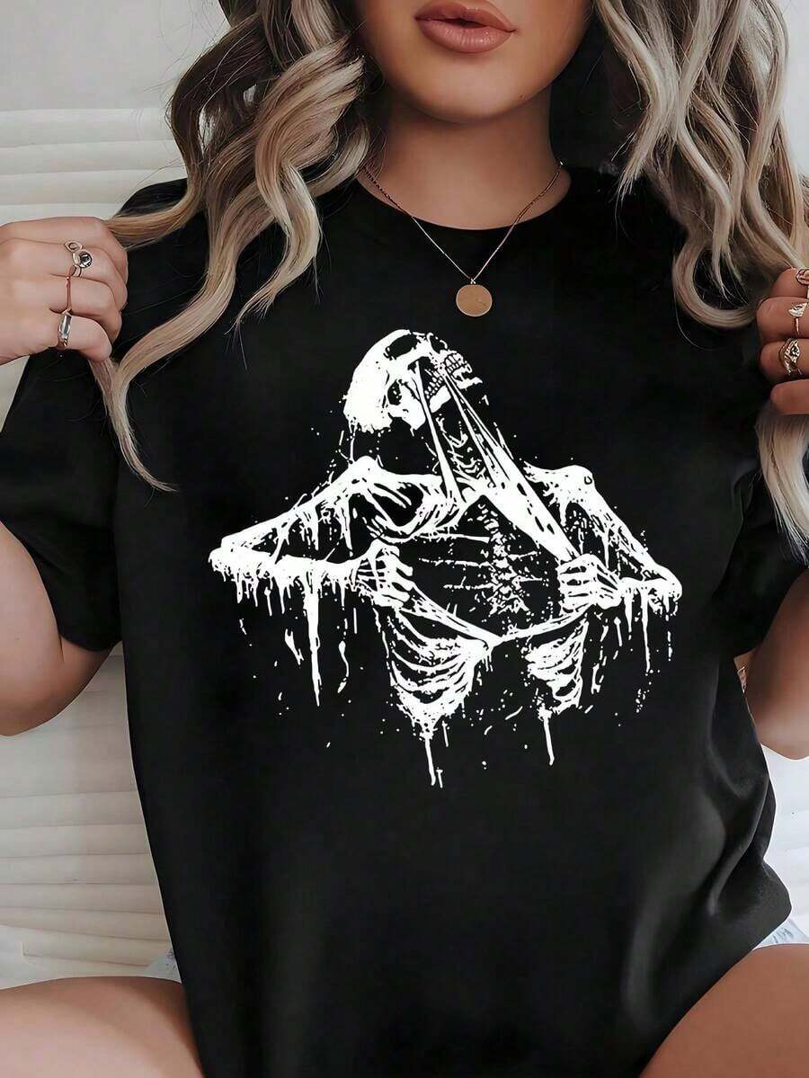 Camiseta de manga corta para mujer de moda, corte holgado, top versátil. - Negro - Ver 1