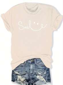 Camiseta Vintage de Manga Corta con Estampado de Letras y Cuello Redondo para Mujer - Albaricoque - Ver 7