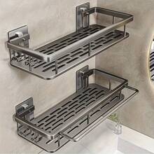 2 kệ phòng tắm chống gỉ có móc treo, đựng được dầu gội và dầu xả - Gắn tường, không cần khoan, tiết kiệm không gian, phụ kiện phòng tắm - màu đen - Xem 2