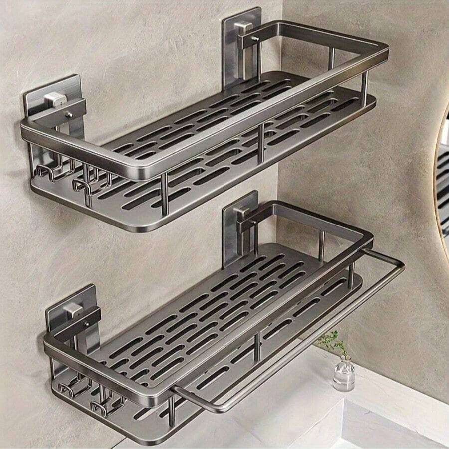 2 kệ phòng tắm chống gỉ có móc treo, đựng được dầu gội và dầu xả - Gắn tường, không cần khoan, tiết kiệm không gian, phụ kiện phòng tắm